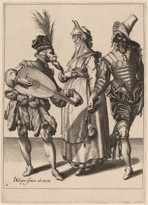 Una coppia indirizzata da un suonatore di liuto da Zacharias Dolendo after Jacques de Gheyn II