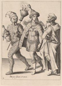 Un vecchio mummer che si rivolge a una coppia vestita di piume da Zacharias Dolendo after Jacques de Gheyn II
