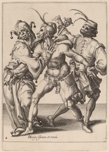 Tre mummers danzanti, incluso un giullare da Zacharias Dolendo after Jacques de Gheyn II