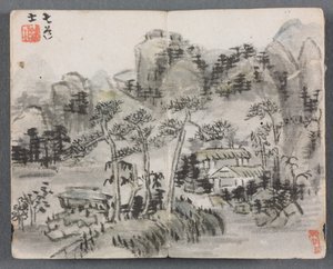 Album in miniatura con figure e paesaggio (Paesaggio con due edifici)