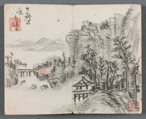 Album in miniatura con figure e paesaggio Paesaggio con scogliera e ponte, 1822 da Zeng Yangdong