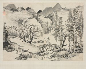 Album di paesaggi in vari stili: Paesaggio con artista su un ponte, 1684 da Zha Shibiao