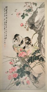 Gatti su una roccia con rose da Zhang Cheng