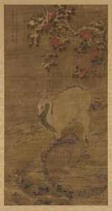 Un cervo, una cerva e camelie rosse nella neve da Zhou Yuan