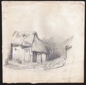 Un cottage con tetto di paglia nel centro della Francia. ca. 1830 (illustrazione) da . .