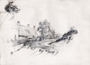Una fattoria con tetto di paglia nella Francia centrale. ca 1850