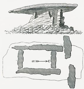 Chûn Quoit, Cornovaglia, Inghilterra, vista laterale e pianta, da Our Own Country pubblicato nel 1898