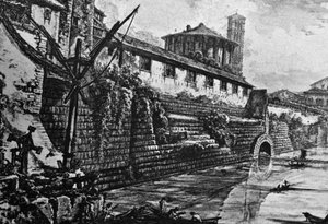 Cloaca Massima (antico sistema fognario) e Tempio di Vesta o Ercole Vincitore, incisione di Giovanni Battista Piranesi (1720-1778), Italia