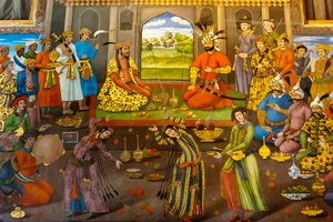 Affresco; banchetto con ragazze danzanti; Shah Tahmasp riceve l