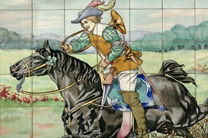 Vista interna, pannello di piastrelle, pittore Furcy Ernest Tondeur, esecutore Boch Frères La Louvière, secondo pannello mostra scena di caccia con cavaliere al galoppo con corno da caccia da . .