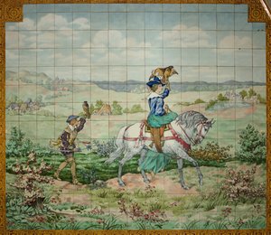 Pannello di piastrelle, scena di caccia con un nobile e una nobildonna con falchi da . .