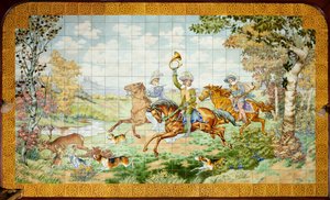 Vista interna, pannello di piastrelle, pittore Furcy Ernest Tondeur, esecutore Boch Frères La Louvière, primo pannello, scena di caccia con tre cavalieri da . .