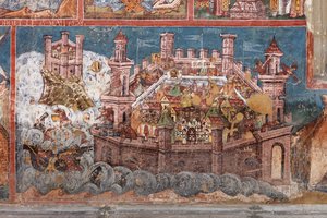 Monastero (manastirea Moldovita). La chiesa. Esterno. Sud. Parte sinistra. Affresco da . .