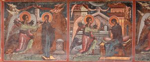 Monastero (manastirea Moldovita). La chiesa. Esterno. Parte sinistra. Pittura murale da . .