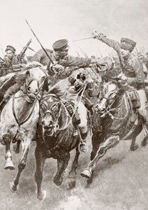 Combattimento a cavallo tra cosacchi russi e cavalleria tedesca nota come gli Ussari della Morte a Schwansfeld, tra Korschen e Bartenstein, Prussia orientale, agosto 1914 durante la Prima Guerra Mondiale, da La Esfera da Ferdinand Georg Waldmuller