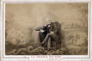 Comune di Parigi: "Francia in pace" ritratto di Louis Adolphe Thiers (1797-1877) seduto sul drago probabile simbolo della comune da Frederick (attr. to) Barnard