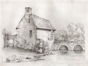 Casa contadina sul bordo di un fiume. circa 1830 (illustrazione) da . .