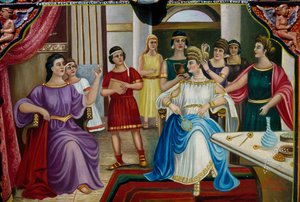 Decorazione pittorica raffigurante matrona romana su carretto siciliano (dettaglio)