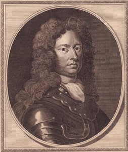 Ritratto del soldato inglese Thomas Tollemache, incisione in rame di John Goldar da un dipinto di G Kneller da William Walcutt