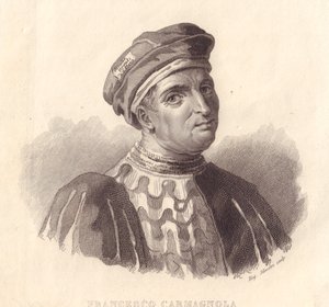 Ritratto del leader militare italiano Francesco da Bussone, noto anche come Carmagnola, incisione in rame di E Silvestri da un dipinto