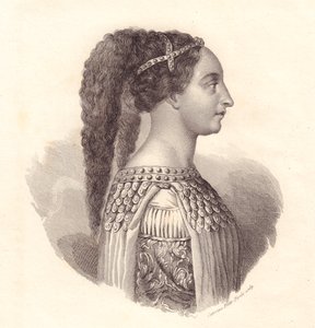 Ritratto della nobildonna italiana Isotta degli Atti (circa 1432-1474), incisione su rame di Caterina Piotti-Pirola
