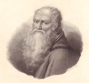 Ritratto del pittore italiano Bernardino Luini (circa 1481-1532), incisione su rame di Caterina Piotti-Pirola da autoritratto di Luini