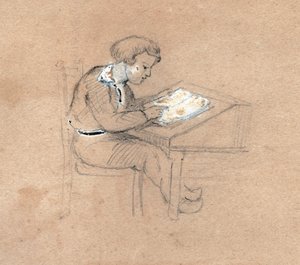 Scolaro al lavoro sulla sua scrivania, circa 1830