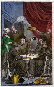 La festa dei monaci che violano le regole monastiche. Bevono vino, corteggiano le cameriere. XVIII secolo (incisione) da . .