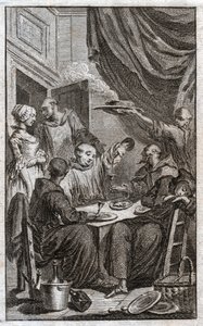 La festa dei monaci che violano le regole monastiche. Bevono vino, corteggiano le cameriere. XVIII secolo (incisione) da . .