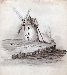 Mulino a vento in Normandia, Francia. circa 1830 (illustrazione) da . .