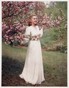 Donna che modella un vestito vicino ai fiori, c. 1940 da Frederick (attr. to) Barnard
