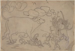 Durga affronta il demone bufalo Mahisha: Scena dal Devi Mahatmya da a first generation master after Nainsukh