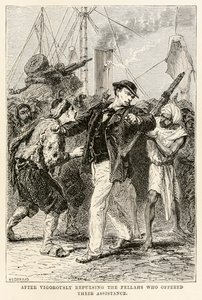 Dopo aver respinto vigorosamente i fellah che offrivano il loro aiuto, da Il giro del mondo in ottanta giorni di Jules Verne (1828-1905) inciso da Henri-Théophile Hildebrand (1824-1897), 1873 da after Alphonse Marie de Neuville