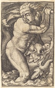 Copia inversa di "Dio del mare a sinistra che cavalca un delfino" da after Barthel Beham