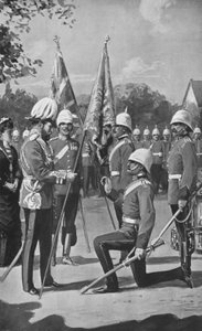 Re Edoardo che presenta i colori ai Royal Welsh Fusiliers, 16 agosto 1880 da after Charles Mills Sheldon