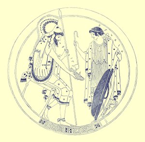 Un guerriero seduto tiene la sua coppa di vino, illustrazione da Pitture di vasi greci di J. E. Harrison e D. S. MacColl, pubblicato nel 1894 da after English School