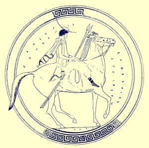 Ragazzo a cavallo, illustrazione da Pitture di vasi greci di J. E. Harrison e D. S. MacColl, pubblicato nel 1894 da after English School