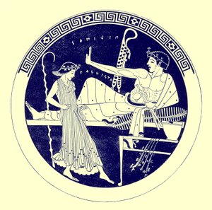 Ragazza danzante e giovane che banchetta, illustrazione da Pitture di vasi greci di J. E. Harrison e D. S. MacColl, pubblicato nel 1894 da after English School