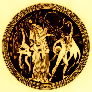 Dioniso e satiri, illustrazione da Pitture di vasi greci di J. E. Harrison e D. S. MacColl, pubblicato nel 1894