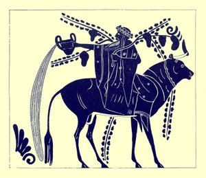 Dioniso che cavalca un toro, illustrazione da Pitture di vasi greci di J. E. Harrison e D. S. MacColl, pubblicato nel 1894