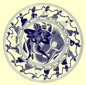 Eracle che lotta con Tritone, illustrazione da Pitture di vasi greci di J. E. Harrison e D. S. MacColl, pubblicato nel 1894 da after English School
