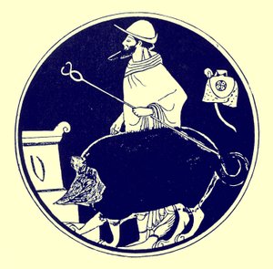 Ermes e il cane mascherato, illustrazione da Pitture di vasi greci di J. E. Harrison e D. S. MacColl, pubblicato nel 1894