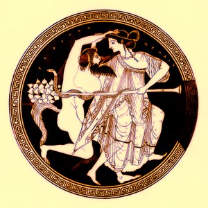 Satiro e menade, illustrazione da Pitture di vasi greci di J. E. Harrison e D. S. MacColl, pubblicato nel 1894 da after English School