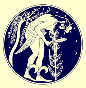 Boscaiolo al lavoro, illustrazione da Pitture di vasi greci di J. E. Harrison e D. S. MacColl, pubblicato nel 1894 da after English School
