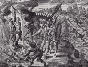 La vendetta degli spagnoli per la morte di Ayolas, da Historia Antipodum di Gottfried, pubblicato nel 1655, da Il romanzo del Rio della Plata, Vol. I, di W. H. Koebel, 1914 da after German School