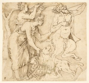 Un satiro, due donne, un leone e una capra da after Giulio Romano
