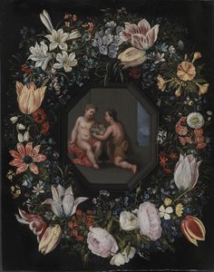 Ghirlanda di fiori con Gesù e il bambino Giovanni