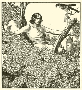 Sir Launcelot sale per catturare il falcone della dama da after Howard Pyle