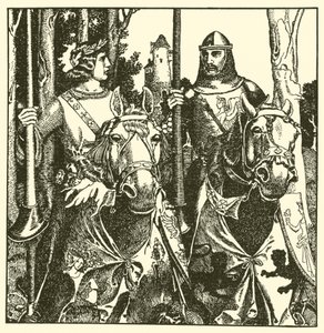 Sir Percival e Sir Lamorack cavalcano insieme da after Howard Pyle
