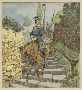A Châteaudun, due ulani inseguiti scendono a cavallo la scalinata di pietra di 200 gradini da after Louis Charles Bombled